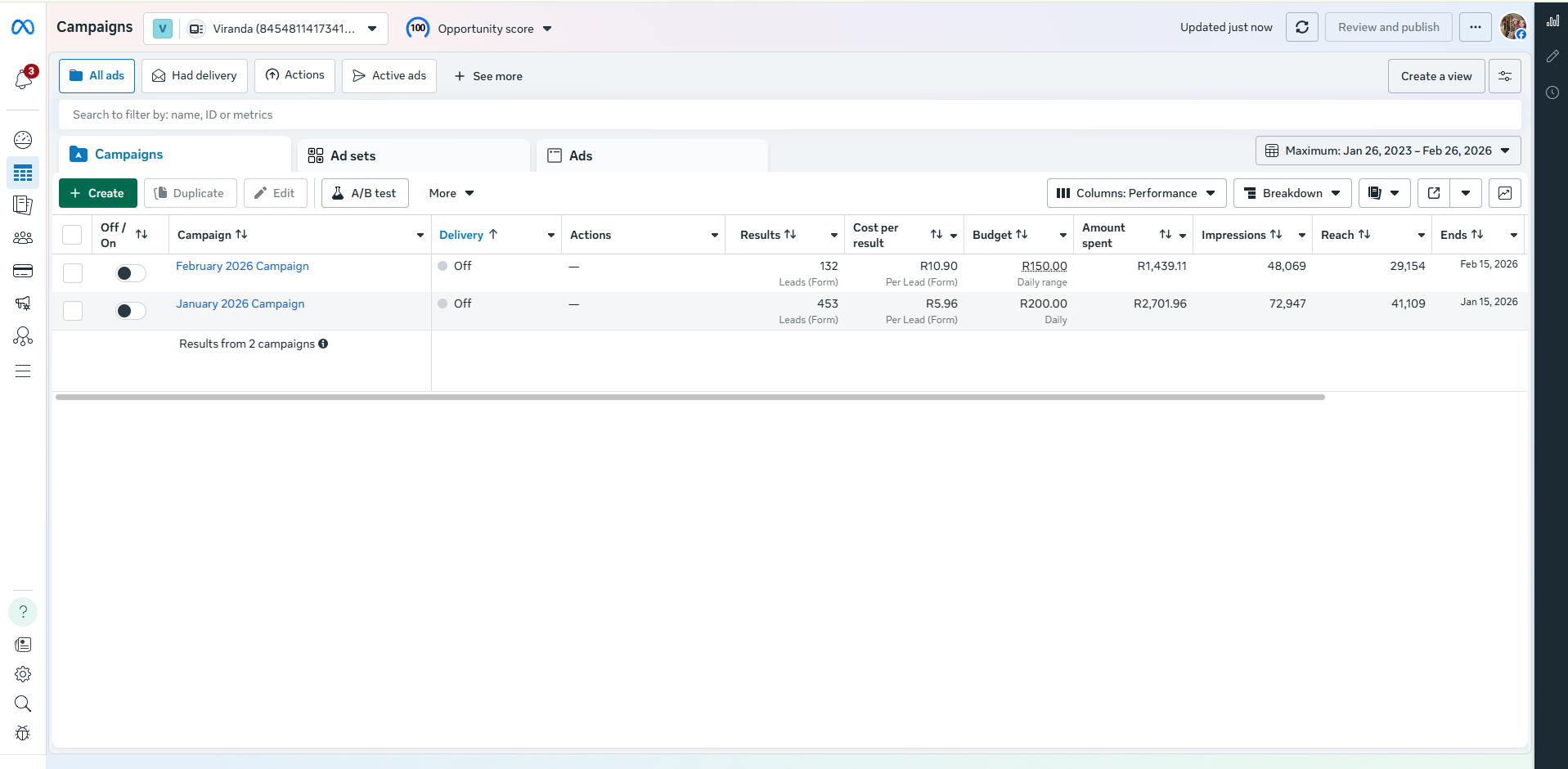 Screenshot of Meta Ads Manager